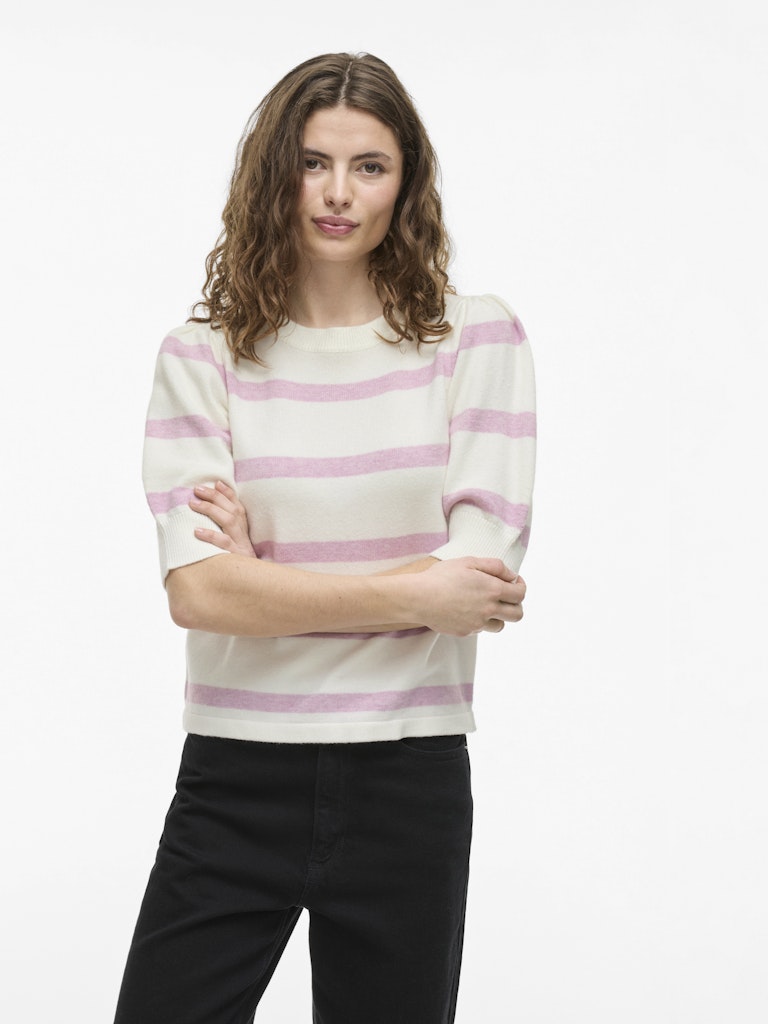 VIRil 2/4 Sleeve O-Neck Stripe Knit Top