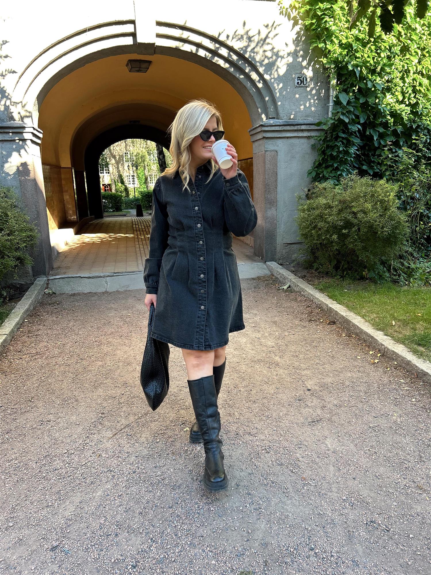 VISol L/S Pleat Denim Dress Black