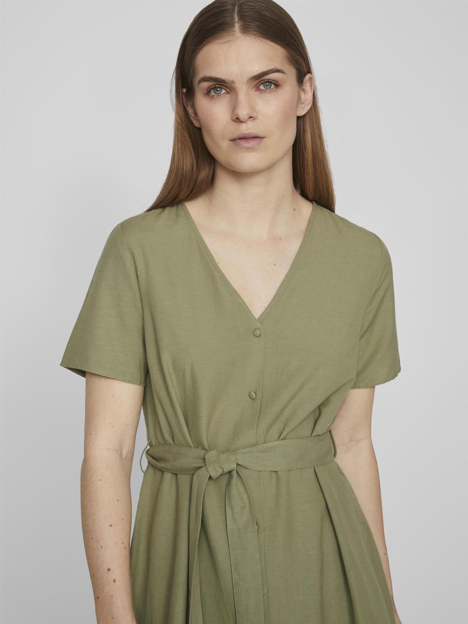 OLIVENGRØNN VILA VIPRISILLA S/S V-NECK MIDI DRESS