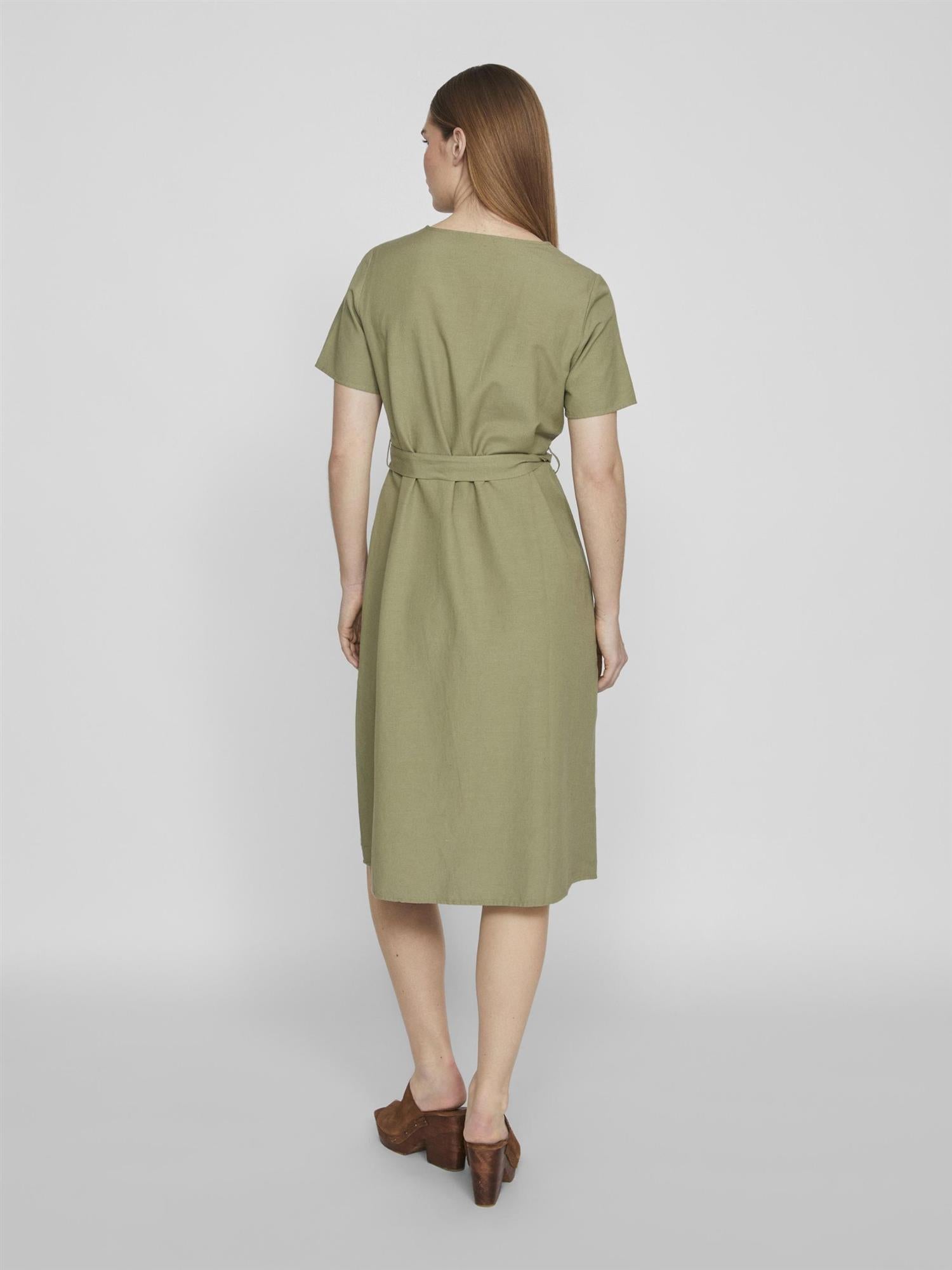 OLIVENGRØNN VILA VIPRISILLA S/S V-NECK MIDI DRESS